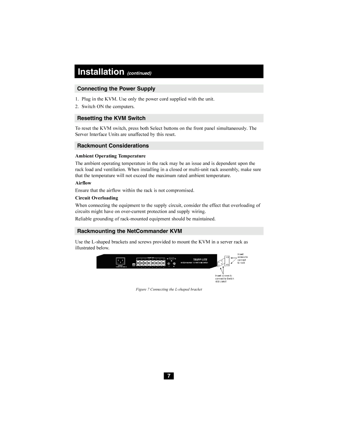 Tripp Lite B072-016-1, B072-008-1 Connecting the Power Supply, Resetting the KVM Switch, Rackmount Considerations 