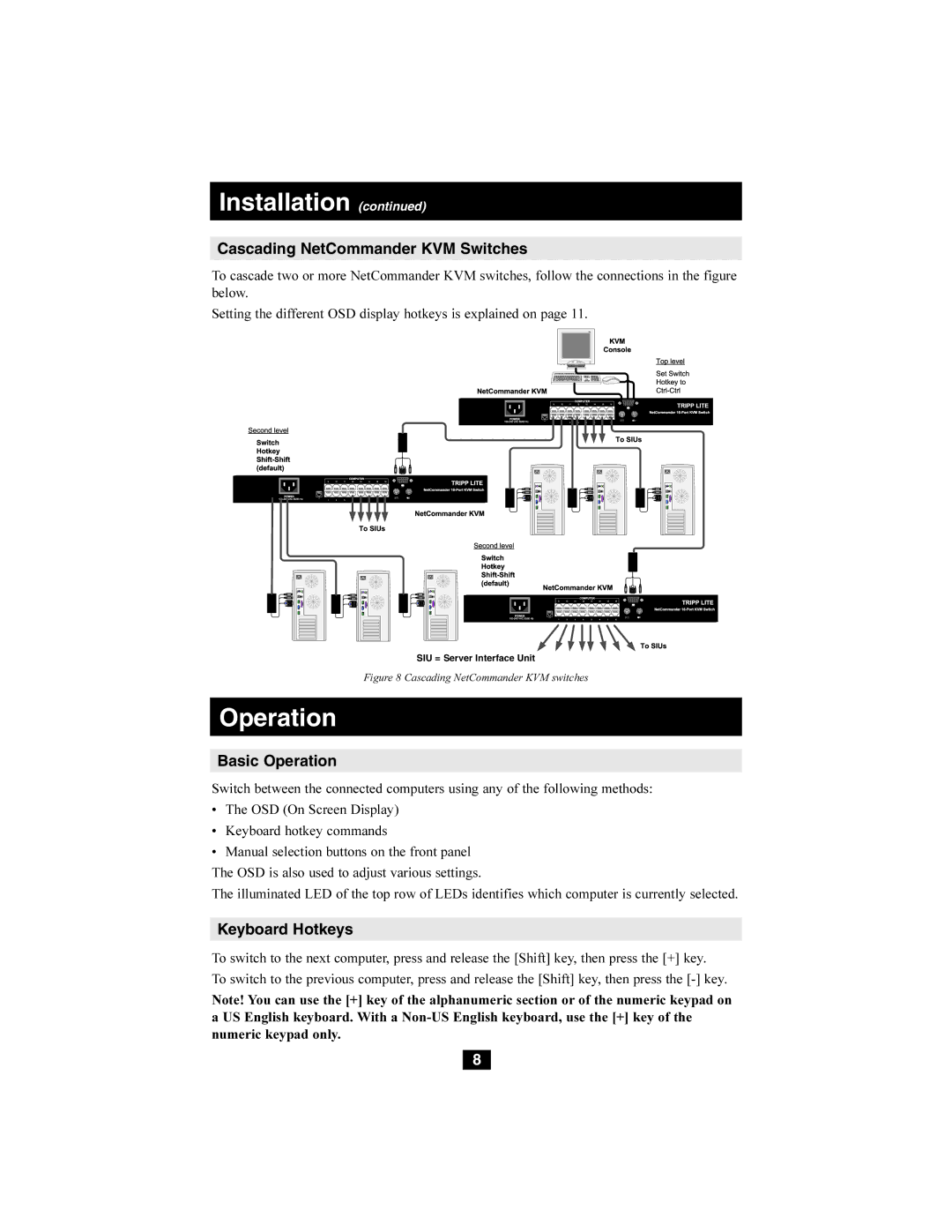 Tripp Lite B072-008-1, B072-016-1 owner manual Cascading NetCommander KVM Switches, Basic Operation, Keyboard Hotkeys 