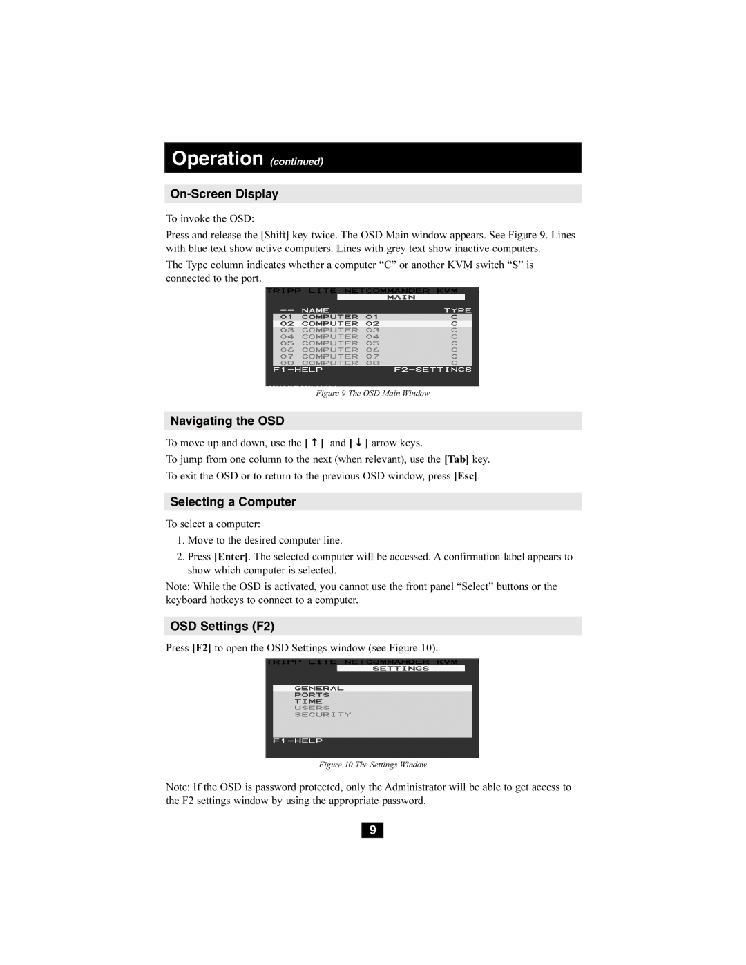 Tripp Lite B072-016-1, B072-008-1 owner manual On-Screen Display, Navigating the OSD, Selecting a Computer, OSD Settings F2 