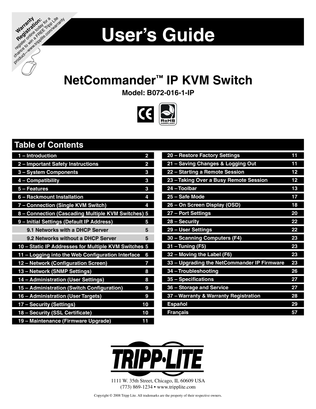 Tripp Lite B072-016-1-IP warranty User’s Guide, Table of Contents 