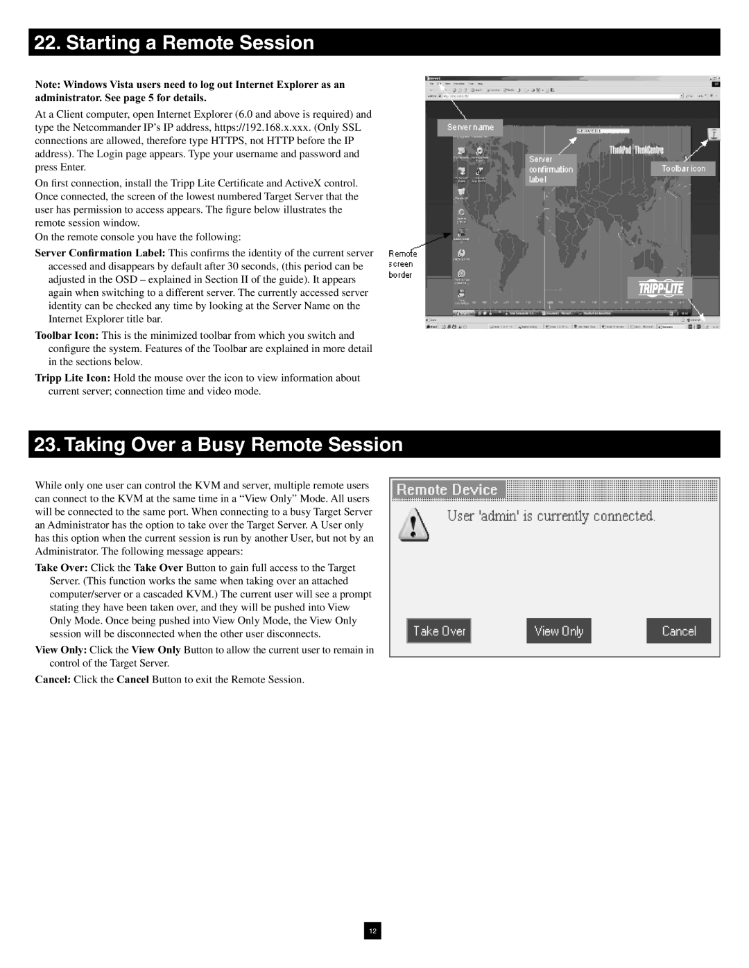 Tripp Lite B072-016-1-IP warranty Starting a Remote Session, Taking Over a Busy Remote Session 