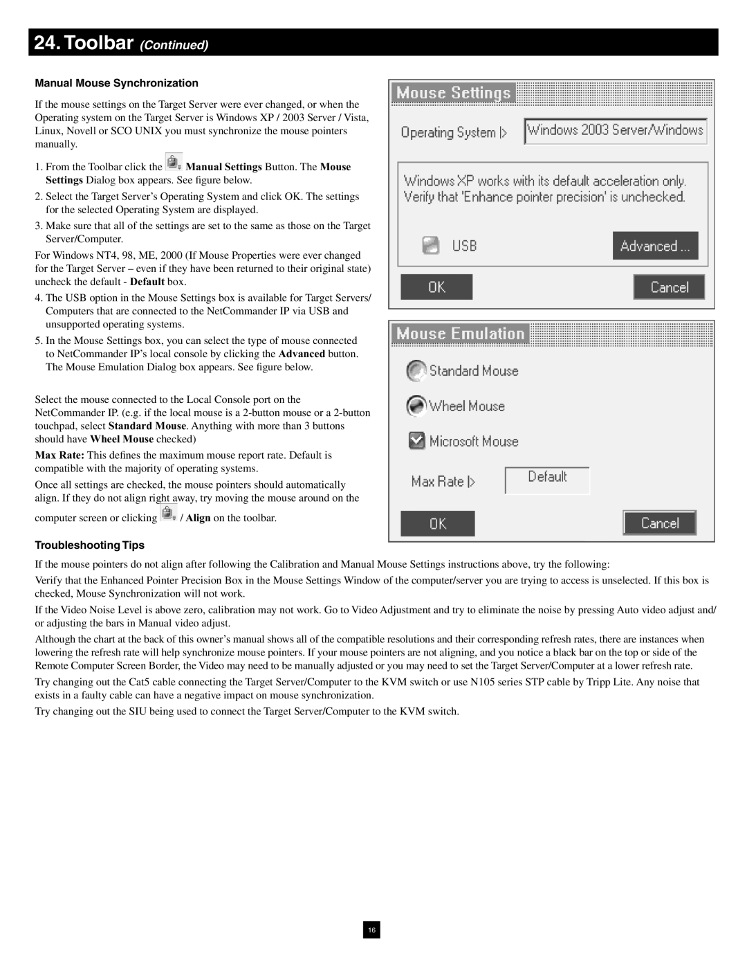 Tripp Lite B072-016-1-IP warranty Manual Mouse Synchronization, Troubleshooting Tips 