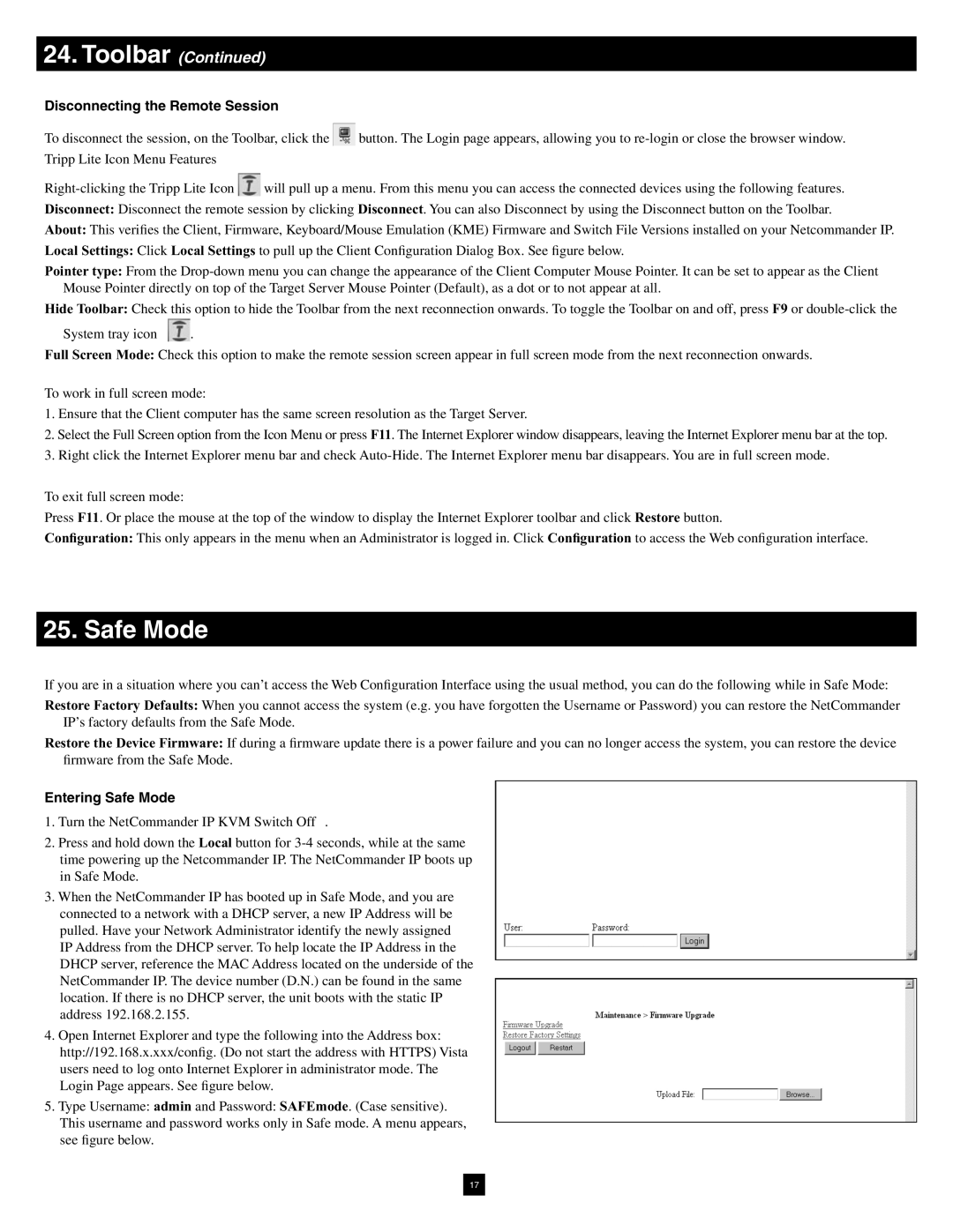 Tripp Lite B072-016-1-IP warranty Disconnecting the Remote Session, Entering Safe Mode 