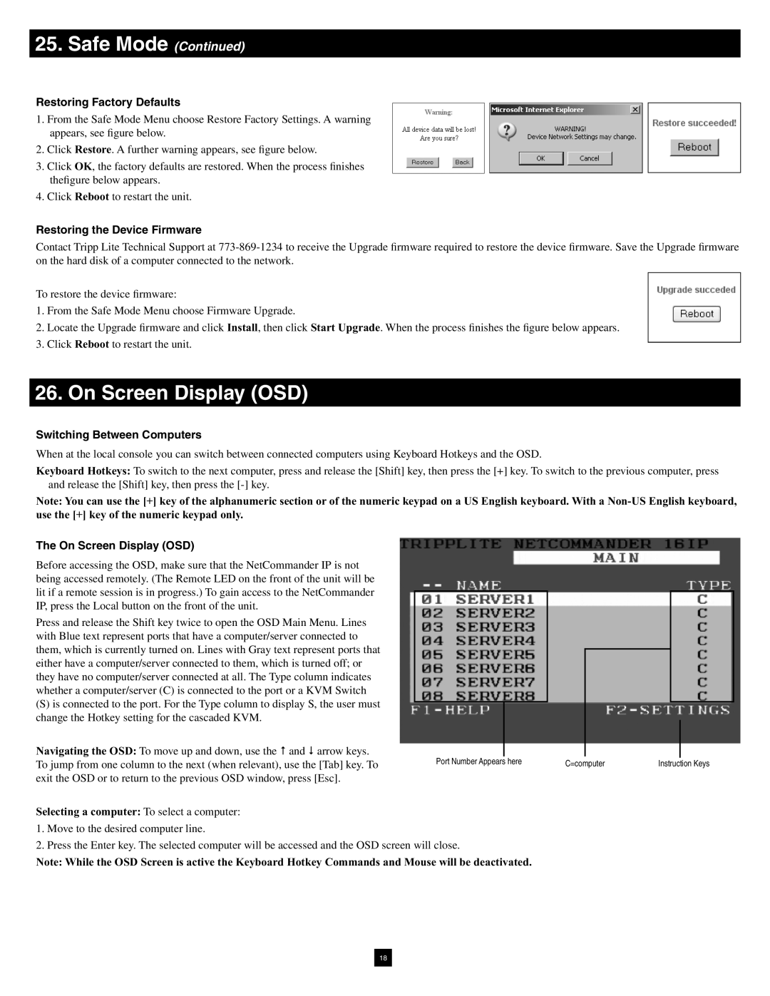 Tripp Lite B072-016-1-IP warranty On Screen Display OSD, Restoring Factory Defaults, Restoring the Device Firmware 