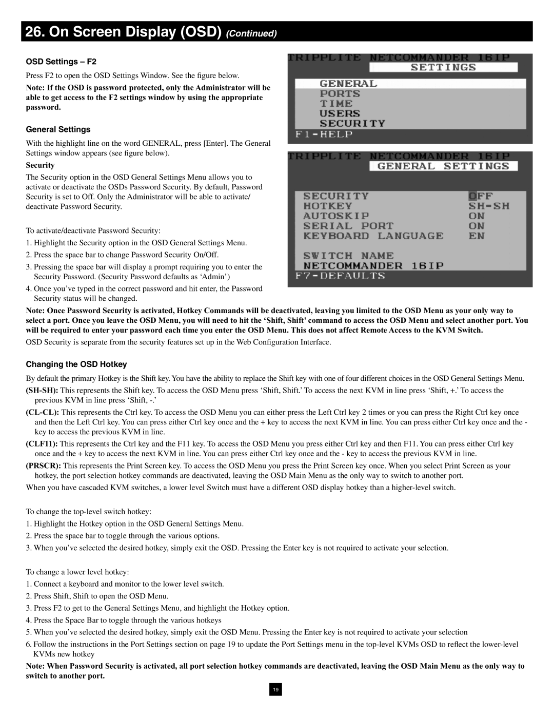 Tripp Lite B072-016-1-IP warranty OSD Settings F2, General Settings, Security, Changing the OSD Hotkey 