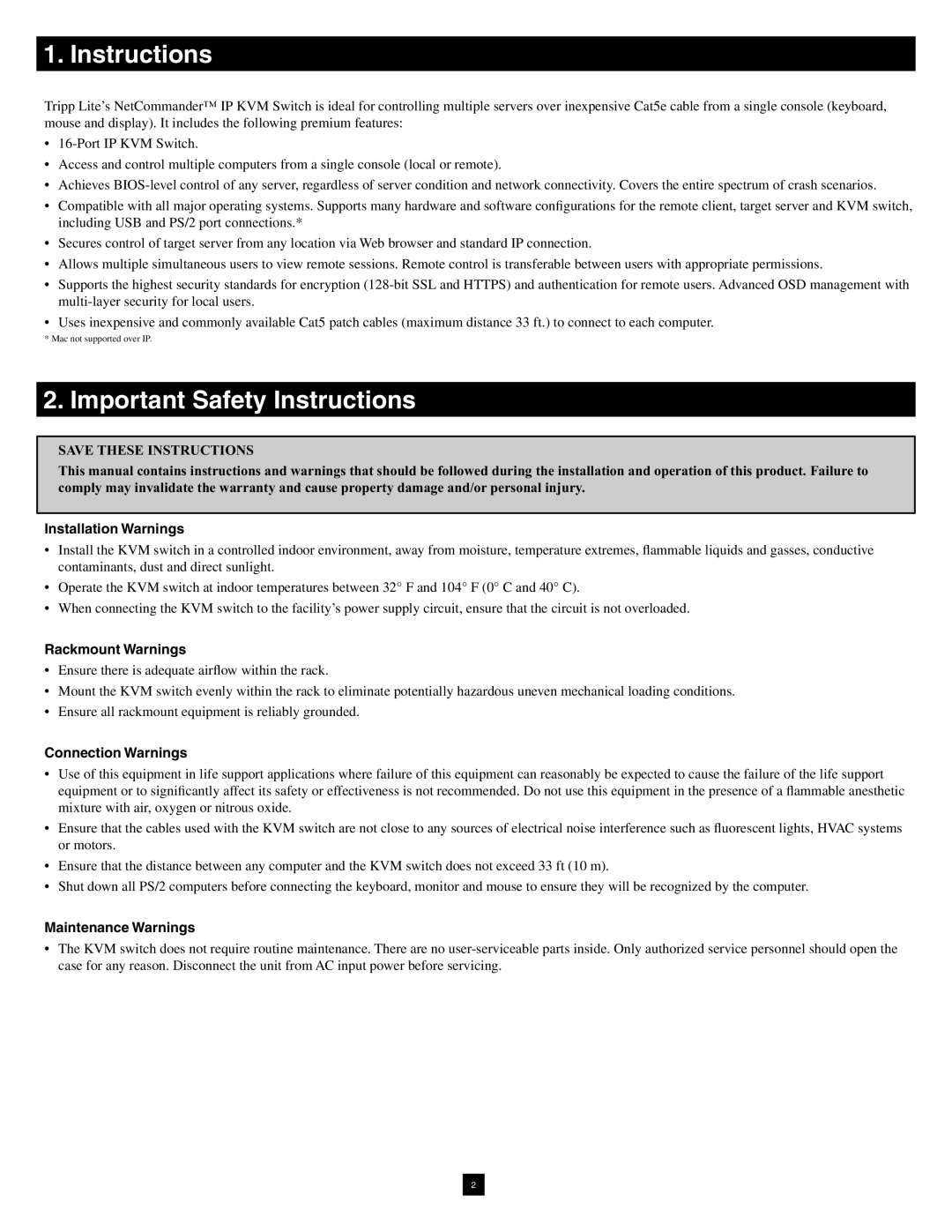 Tripp Lite B072-016-1-IP warranty Important Safety Instructions 