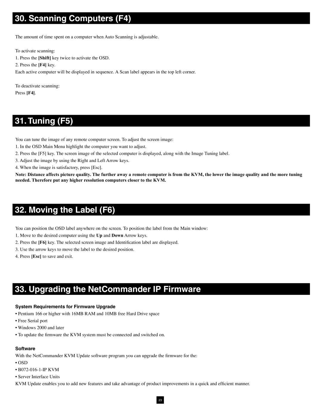 Tripp Lite B072-016-1-IP Scanning Computers F4, Tuning F5, Moving the Label F6, Upgrading the NetCommander IP Firmware 