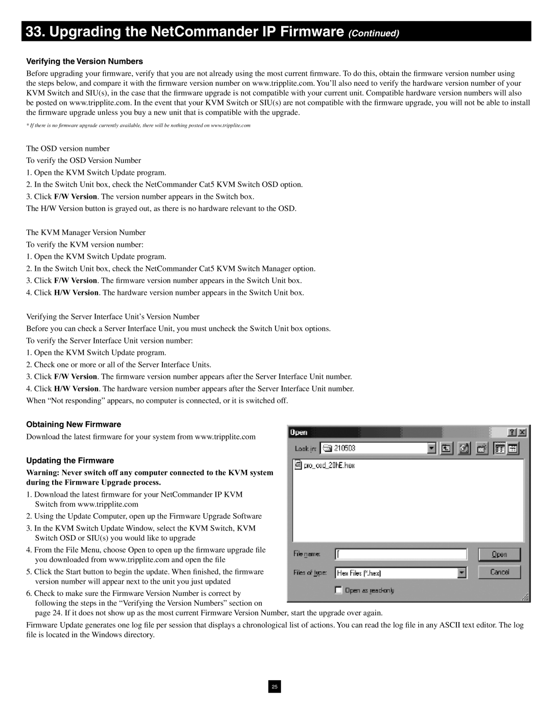 Tripp Lite B072-016-1-IP warranty Verifying the Version Numbers, Obtaining New Firmware Updating the Firmware 