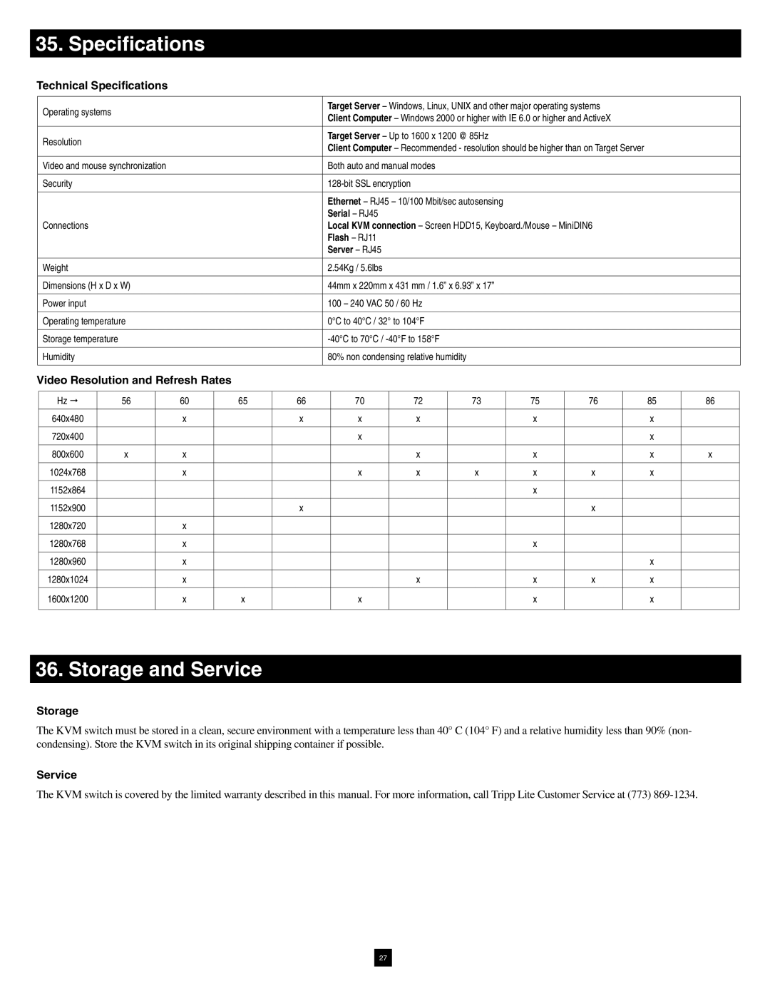 Tripp Lite B072-016-1-IP warranty Speciﬁcations, Storage and Service 