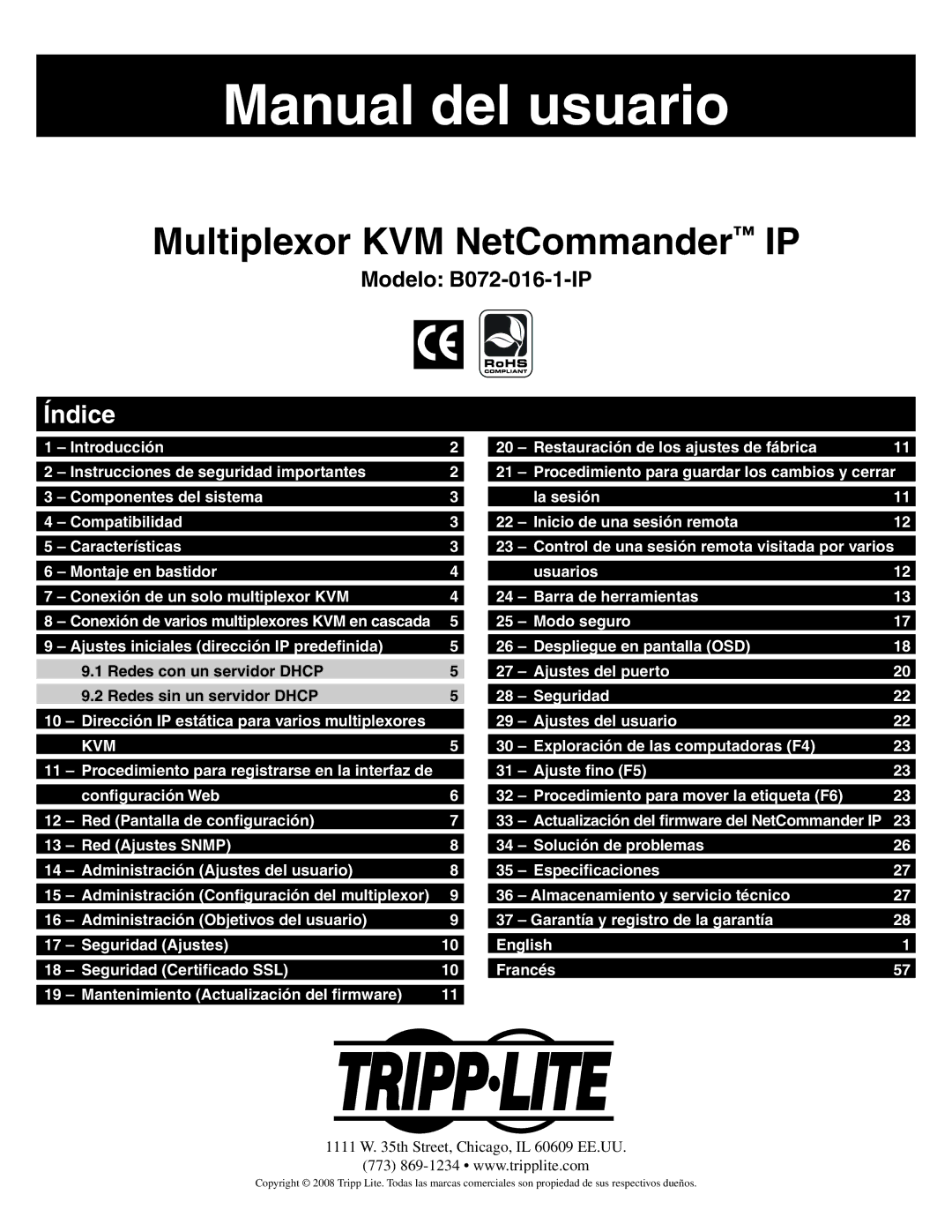 Tripp Lite B072-016-1-IP warranty Manual del usuario, Índice 