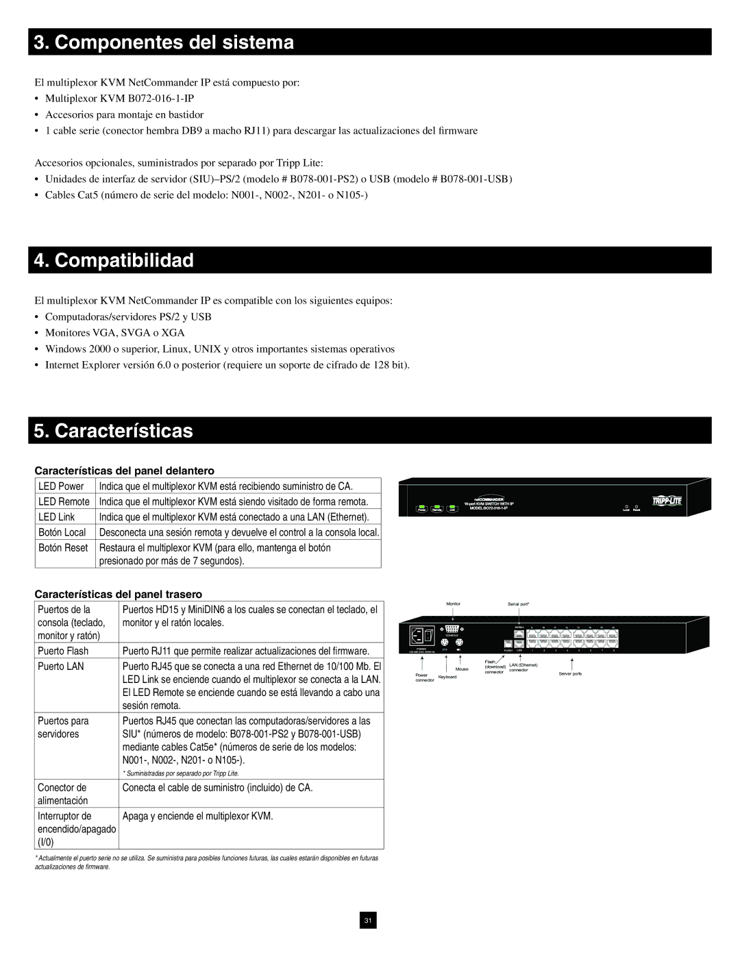 Tripp Lite B072-016-1-IP warranty Componentes del sistema, Compatibilidad, Características del panel delantero 