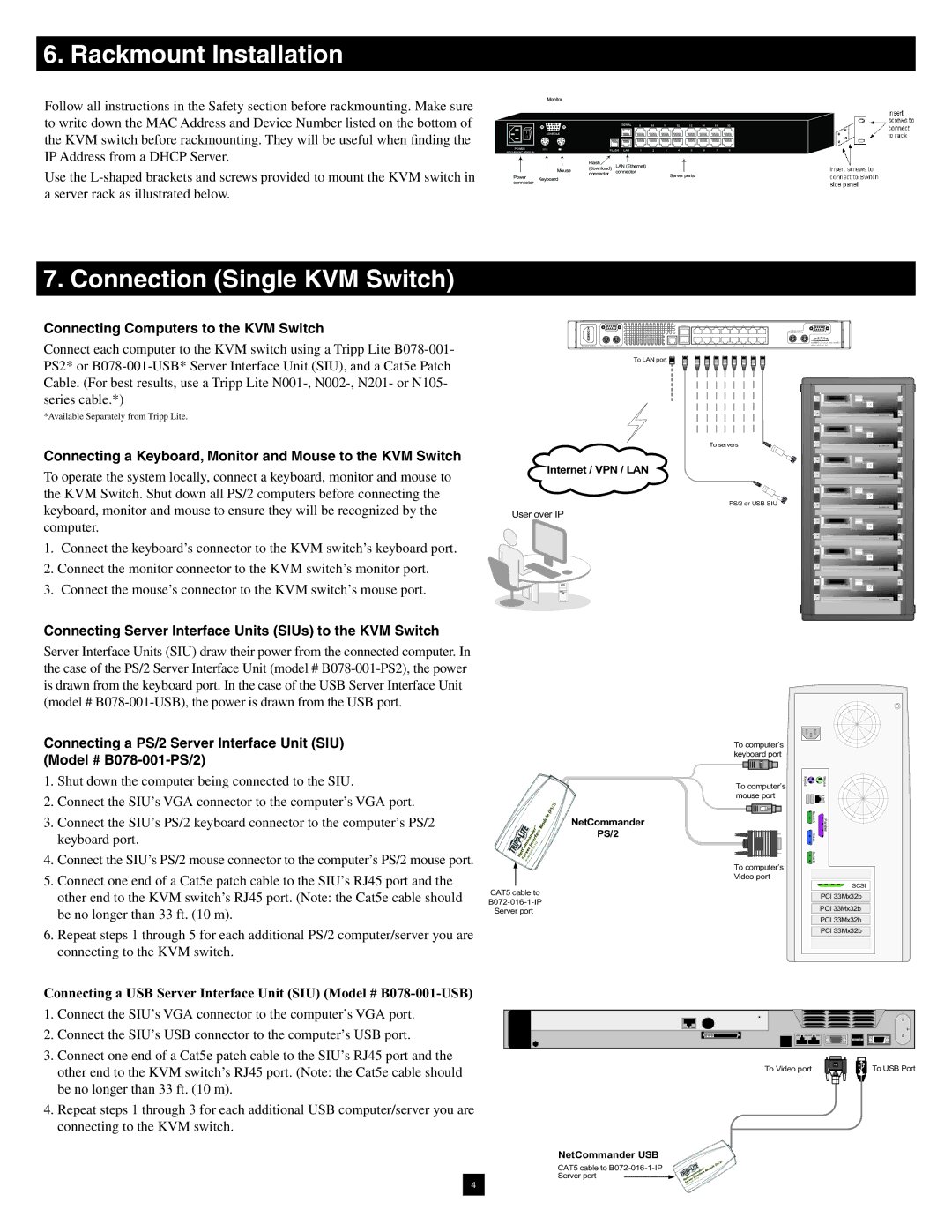 Tripp Lite B072-016-1-IP Rackmount Installation, Connection Single KVM Switch, Connecting Computers to the KVM Switch 