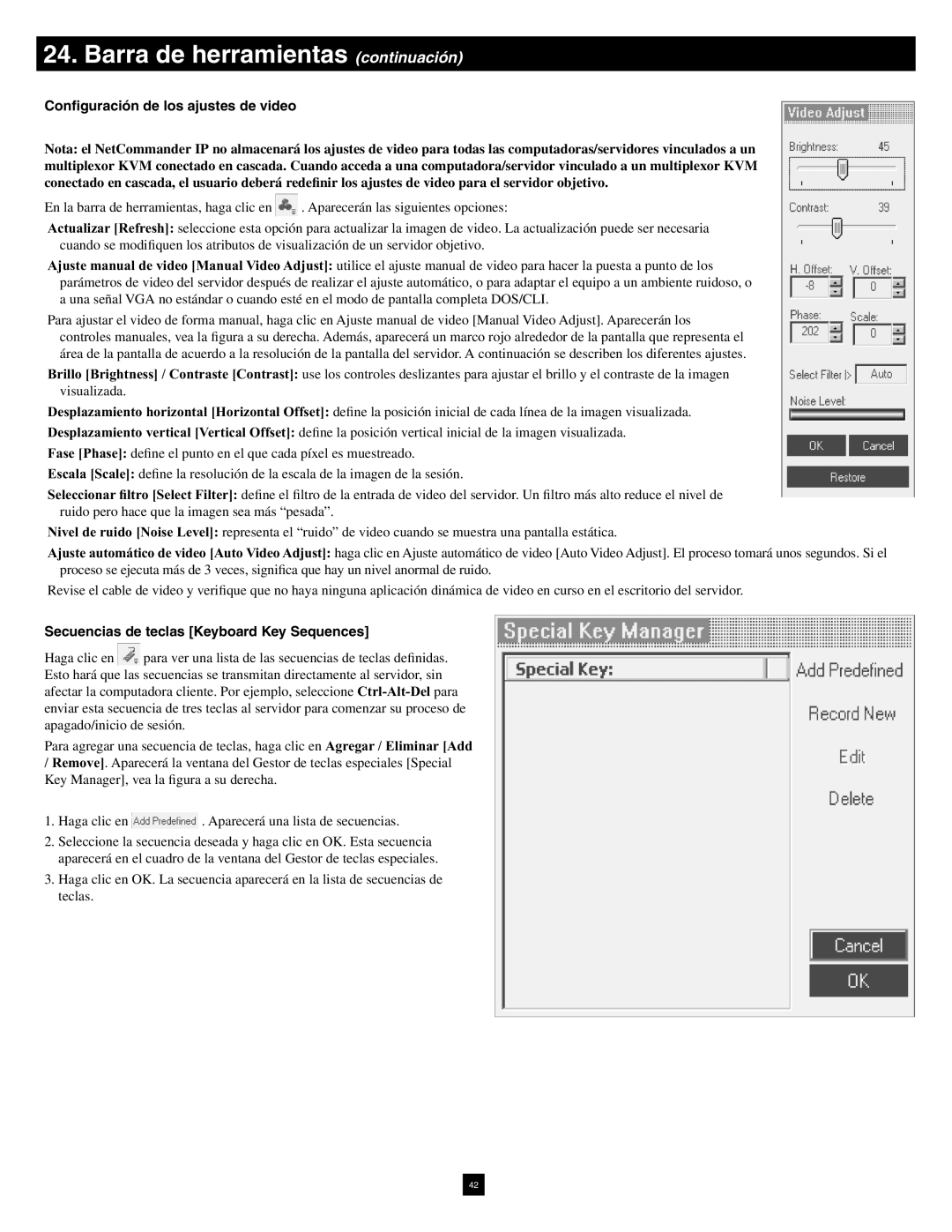 Tripp Lite B072-016-1-IP warranty Barra de herramientas continuación, Conﬁguración de los ajustes de video 