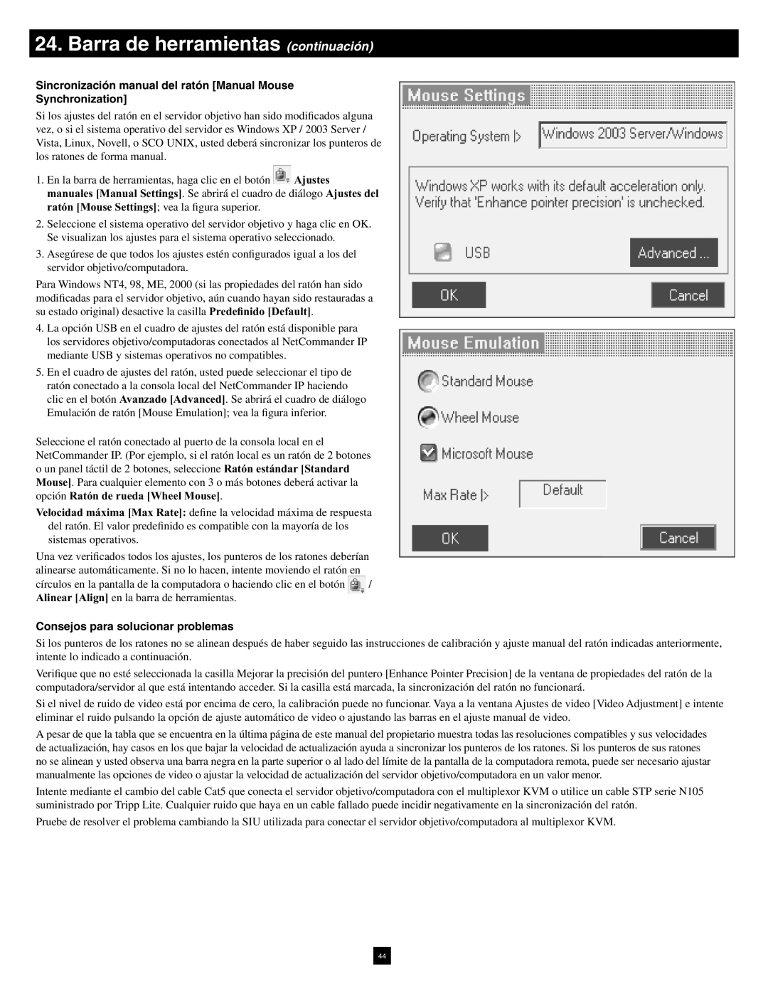 Tripp Lite B072-016-1-IP Sincronización manual del ratón Manual Mouse Synchronization, Consejos para solucionar problemas 