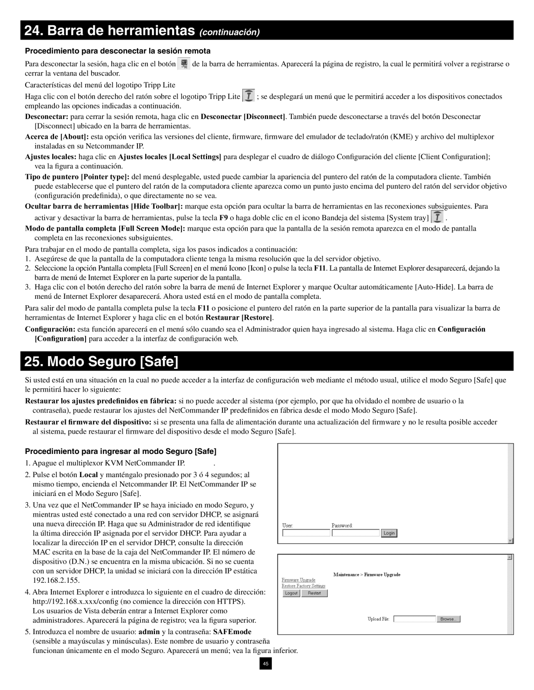 Tripp Lite B072-016-1-IP warranty Modo Seguro Safe, Procedimiento para desconectar la sesión remota 