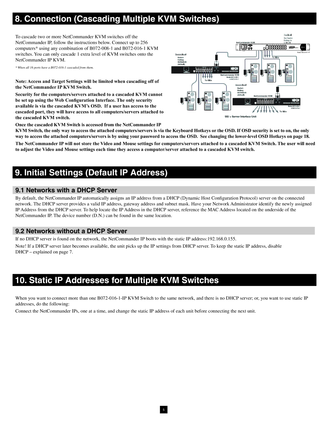 Tripp Lite B072-016-1-IP warranty Connection Cascading Multiple KVM Switches, Initial Settings Default IP Address 