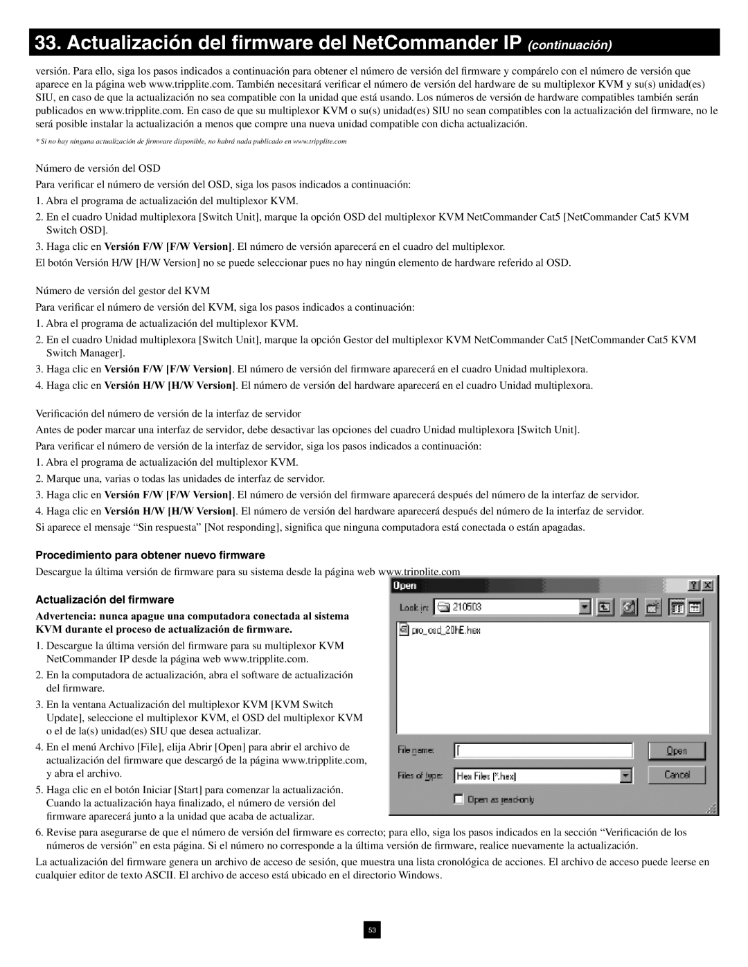 Tripp Lite B072-016-1-IP warranty Actualización del ﬁrmware del NetCommander IP continuación 