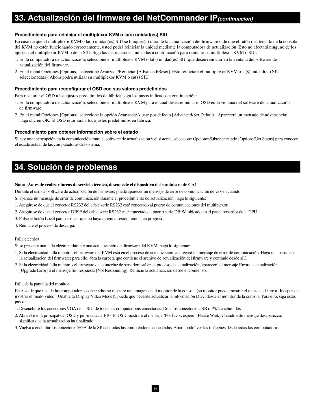 Tripp Lite B072-016-1-IP warranty Actualización del ﬁrmware del NetCommander IPcontinuación, Solución de problemas 