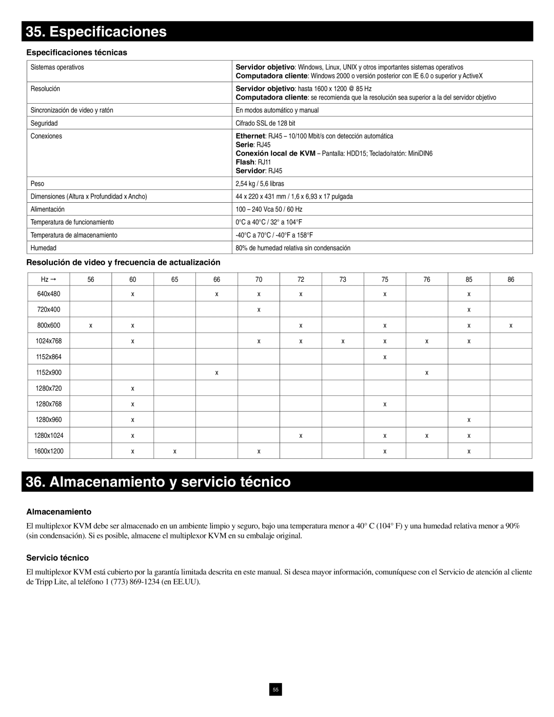 Tripp Lite B072-016-1-IP warranty Especiﬁcaciones, Almacenamiento y servicio técnico 