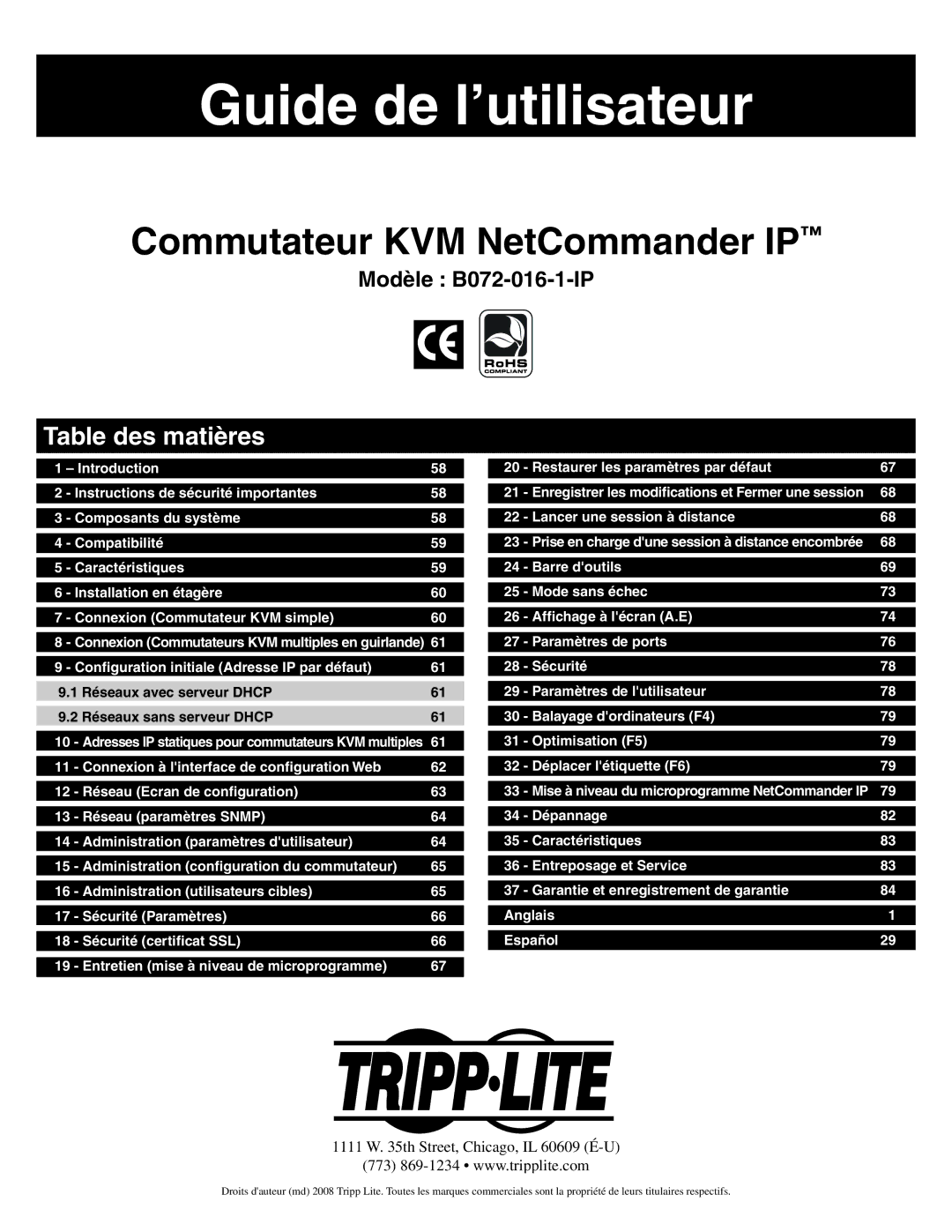 Tripp Lite B072-016-1-IP warranty Guide de l’utilisateur, Table des matières 