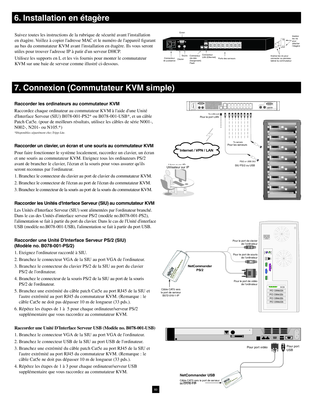 Tripp Lite B072-016-1-IP warranty Installation en étagère, Connexion Commutateur KVM simple 