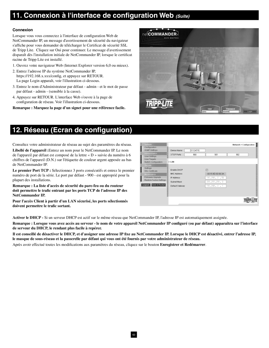 Tripp Lite B072-016-1-IP warranty Connexion à linterface de conﬁguration Web Suite, 12. Réseau Ecran de conﬁguration 