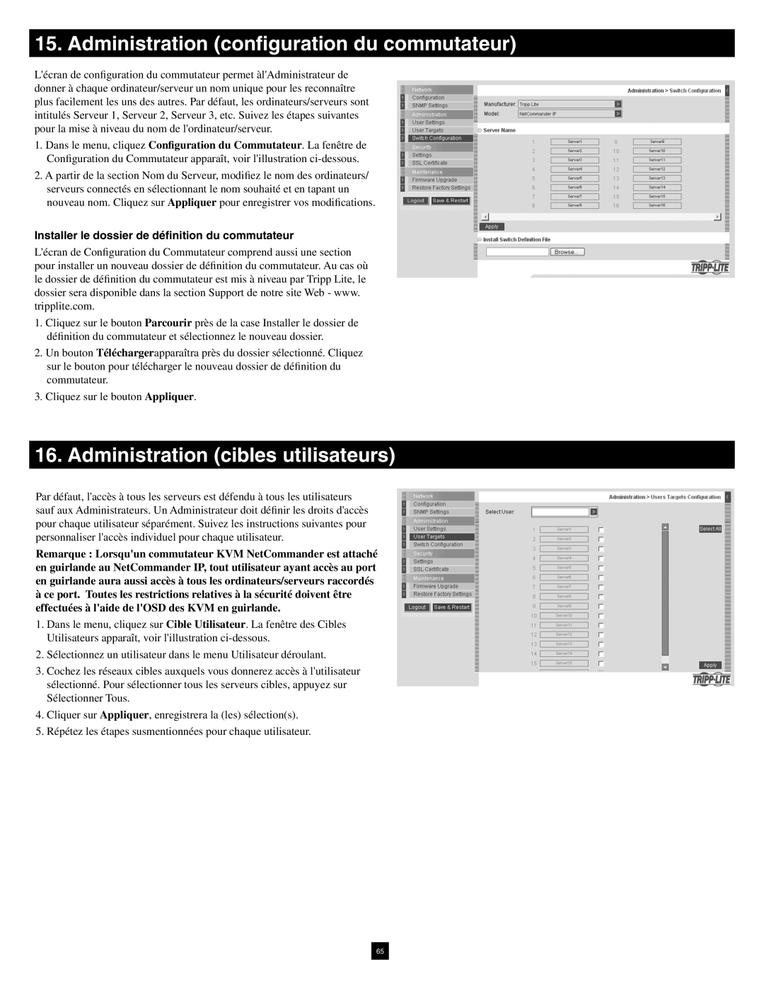 Tripp Lite B072-016-1-IP warranty Administration conﬁguration du commutateur, Administration cibles utilisateurs 