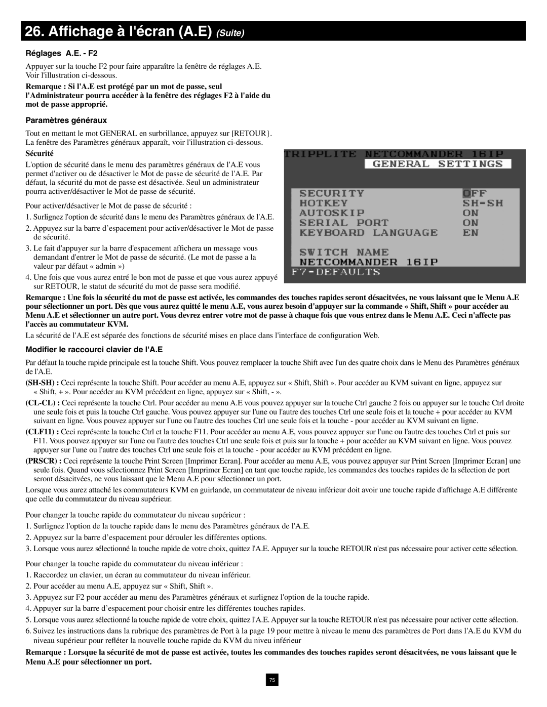 Tripp Lite B072-016-1-IP warranty 26. Afﬁchage à lécran A.E Suite, Réglages A.E. F2, Paramètres généraux, Sécurité 