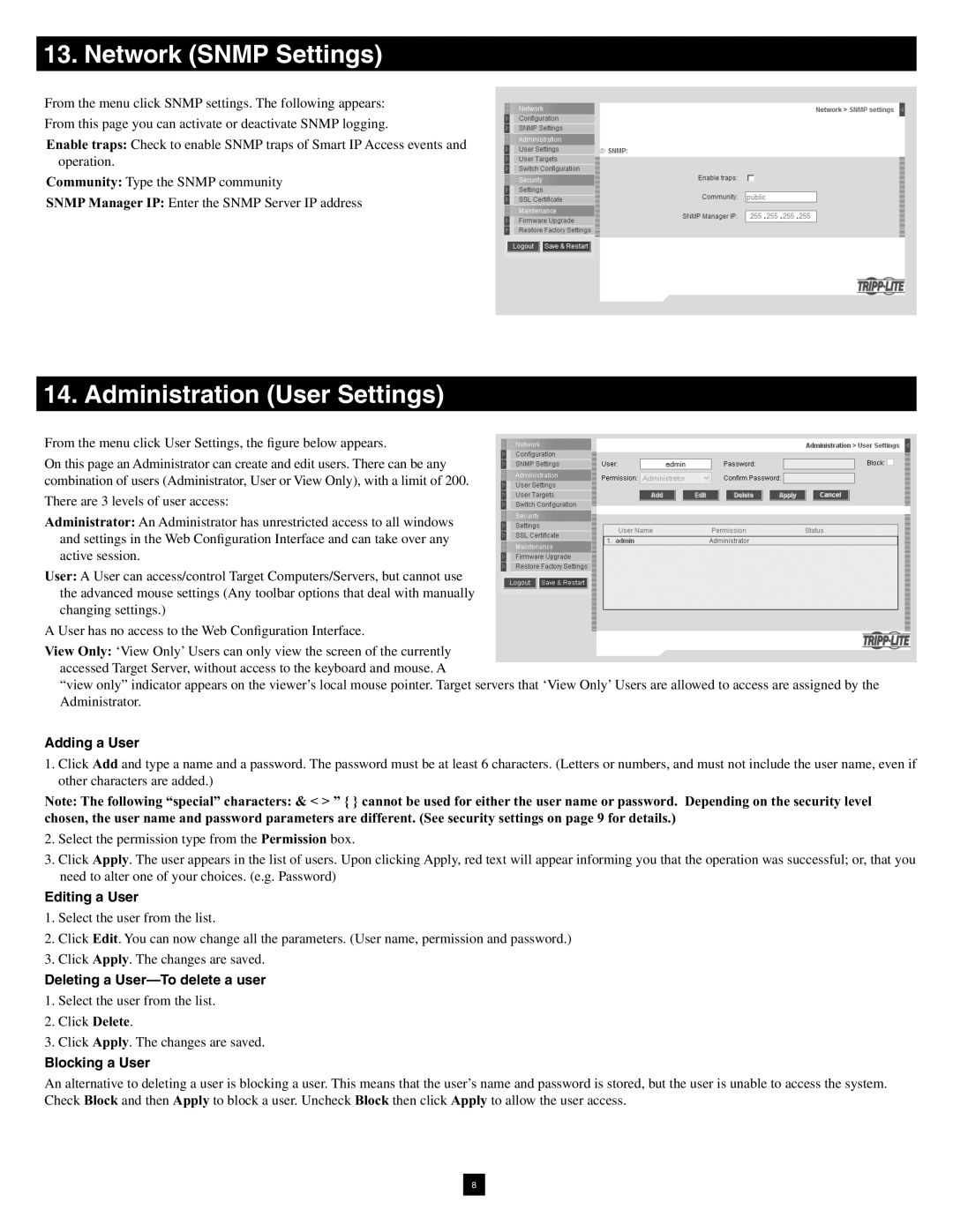 Tripp Lite B072-016-1-IP warranty Network Snmp Settings, Administration User Settings 