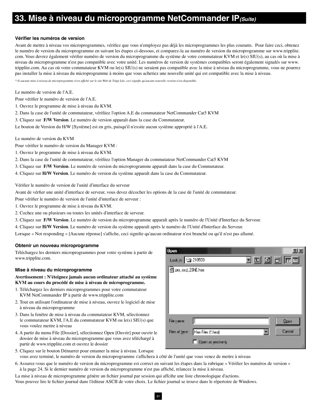 Tripp Lite B072-016-1-IP warranty Vériﬁer les numéros de version, Obtenir un nouveau microprogramme 