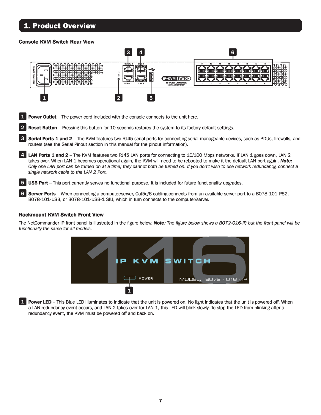 Tripp Lite B070-008-19-IP, B072-016-IP Console KVM Switch Rear View, Rackmount KVM Switch Front View, Product Overview 