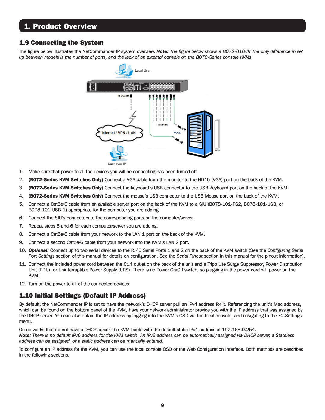 Tripp Lite B070-016-19-IP, B072-016-IP Connecting the System, Initial Settings Default IP Address, Product Overview 