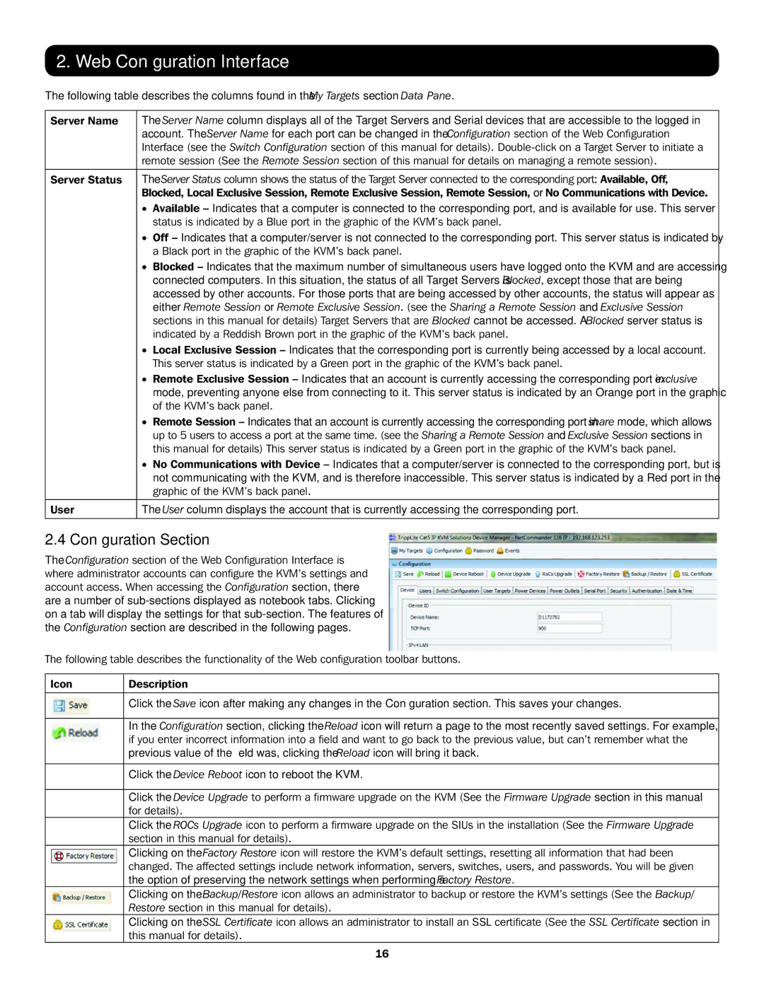 Tripp Lite B072-016-IP, B070-016-19-IP, B072-008-IP, B070-008-19-IP owner manual Configuration Section, Server Status 