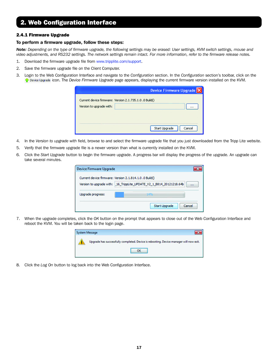 Tripp Lite B070-016-19-IP, B072-016-IP, B072-008-IP Firmware Upgrade, To perform a firmware upgrade, follow these steps 