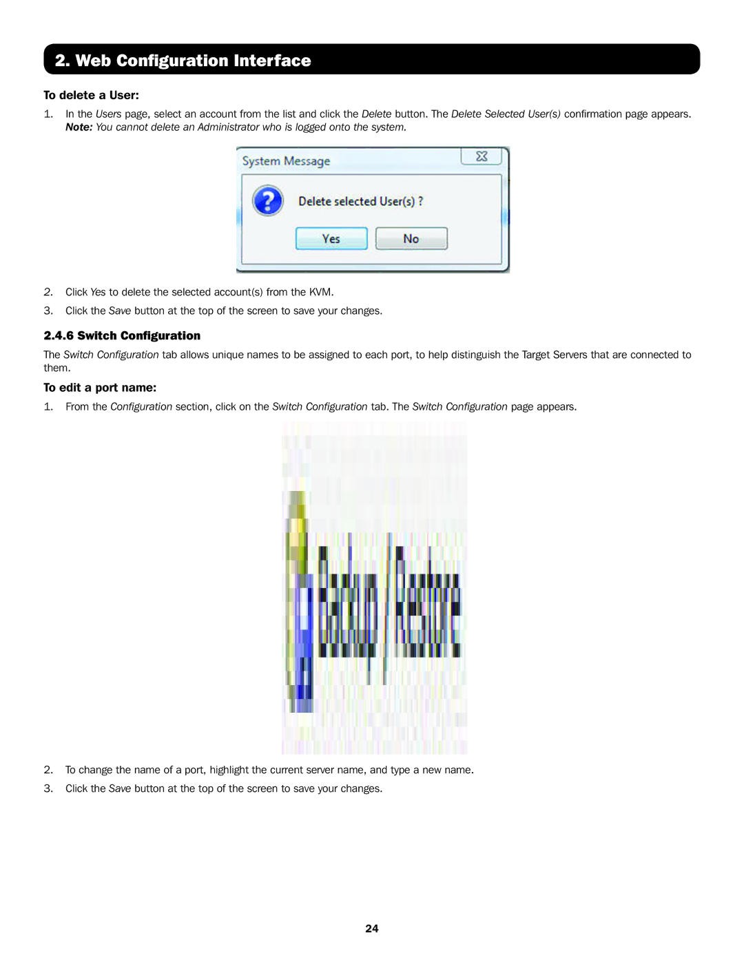 Tripp Lite B072-016-IP, B070-016-19-IP, B072-008-IP owner manual To delete a User, Switch Configuration, To edit a port name 