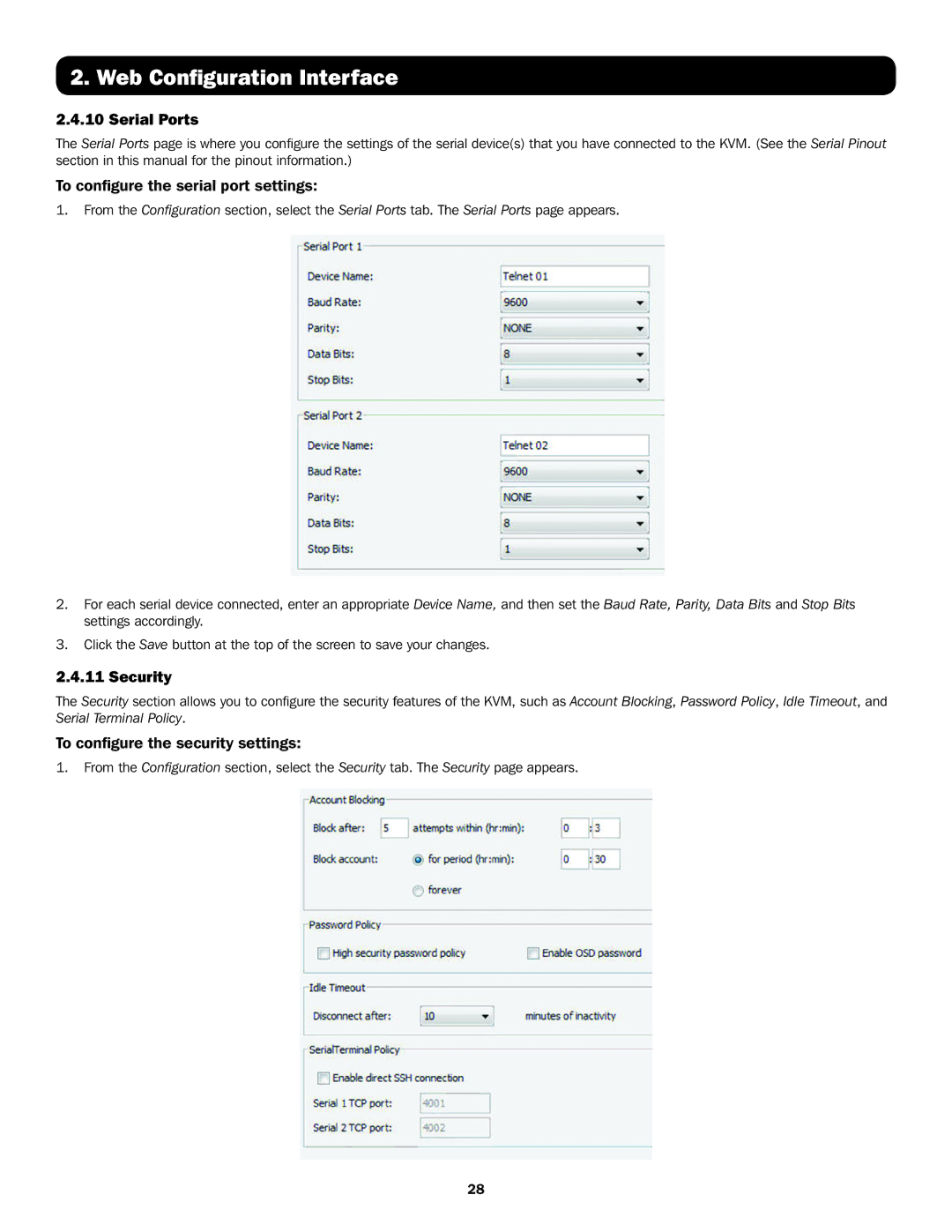 Tripp Lite B072-016-IP Serial Ports, To configure the serial port settings, Security, To configure the security settings 