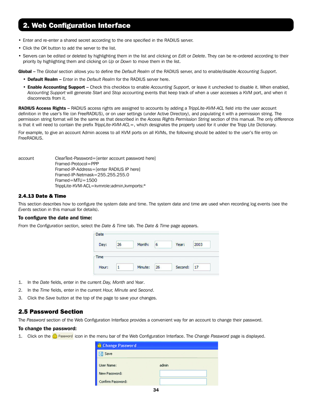 Tripp Lite B072-008-IP, B072-016-IP Password Section, Date & Time, To configure the date and time, To change the password 