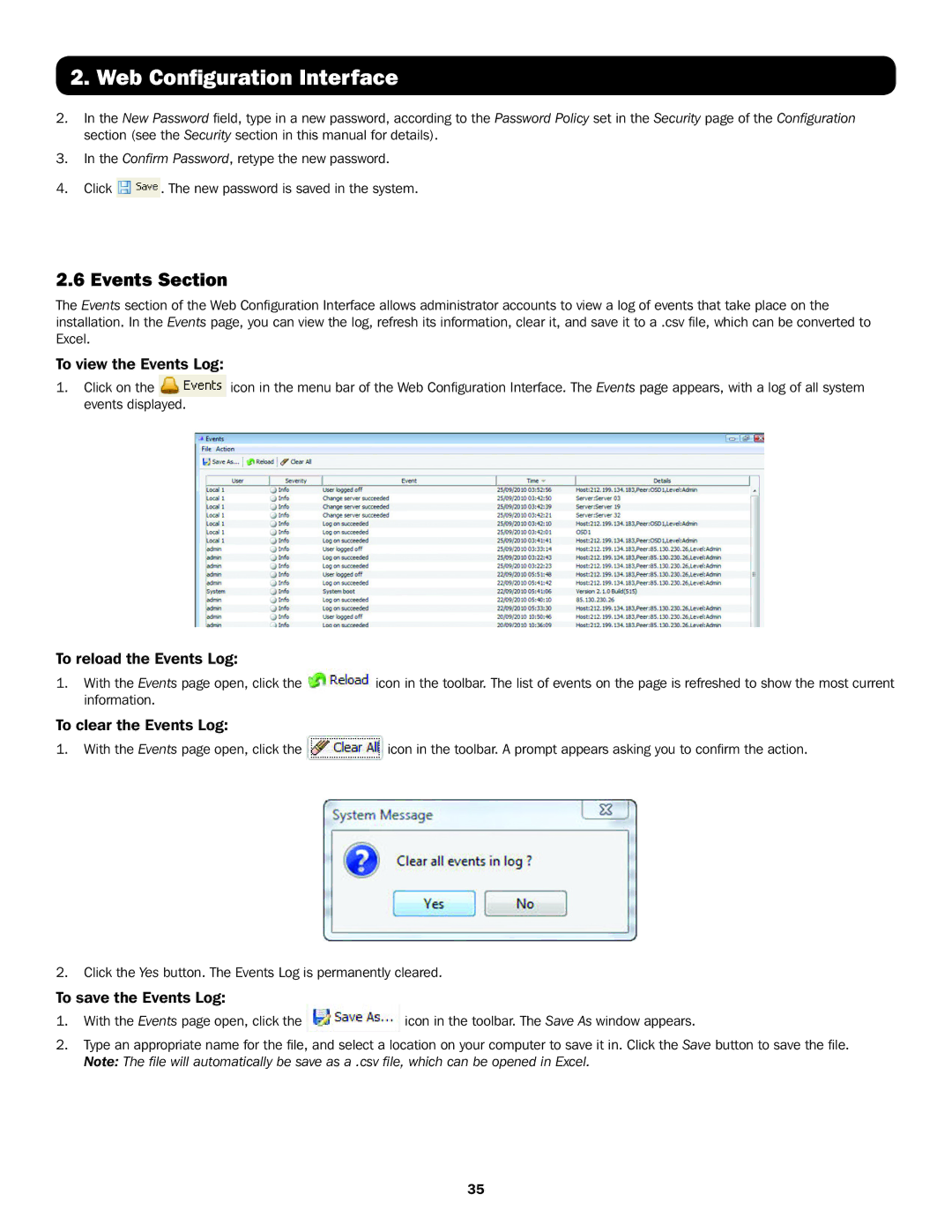 Tripp Lite B070-008-19-IP Events Section, To view the Events Log, To reload the Events Log, To clear the Events Log 