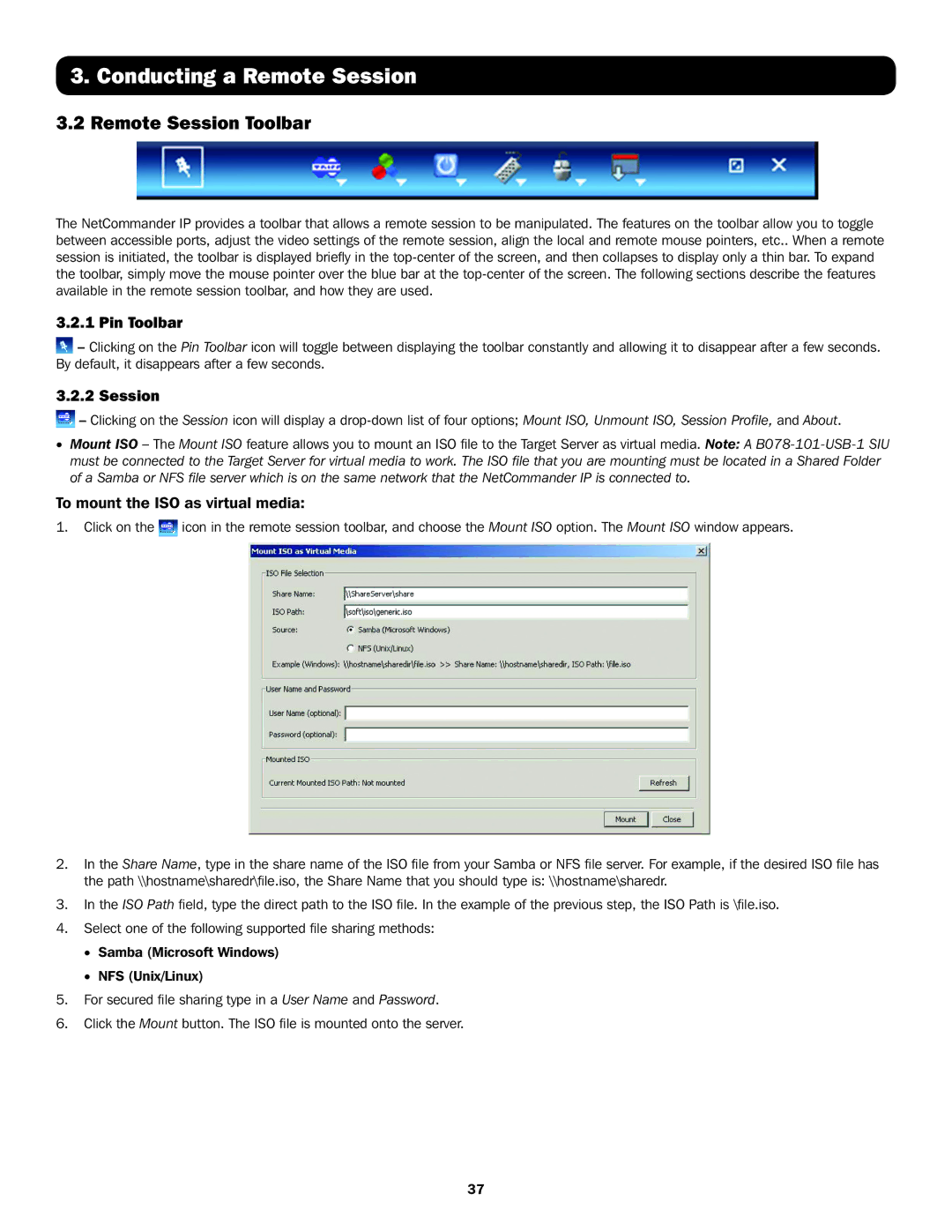 Tripp Lite B070-016-19-IP, B072-016-IP, B072-008-IP Remote Session Toolbar, Pin Toolbar, To mount the ISO as virtual media 