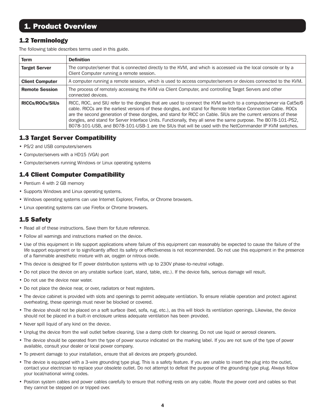 Tripp Lite B072-016-IP, B070-016-19-IP Terminology, Target Server Compatibility, Client Computer Compatibility, Safety 