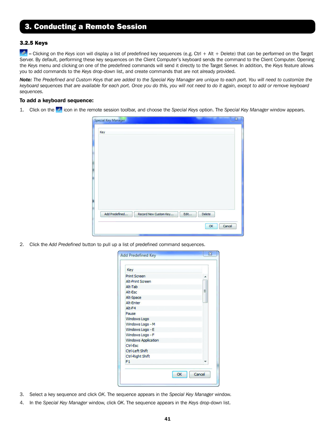 Tripp Lite B070-016-19-IP, B072-016-IP, B072-008-IP, B070-008-19-IP owner manual Keys, To add a keyboard sequence 