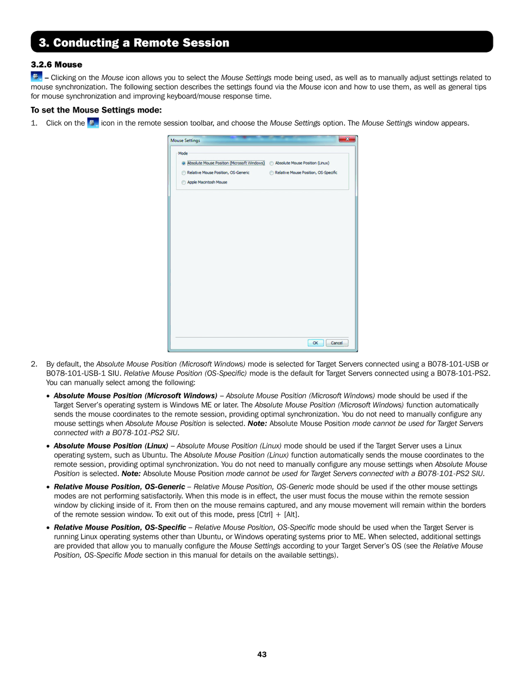 Tripp Lite B070-008-19-IP, B072-016-IP, B070-016-19-IP, B072-008-IP owner manual To set the Mouse Settings mode 