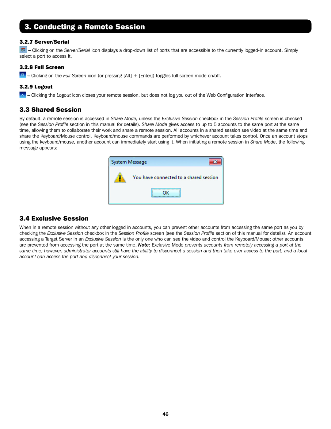 Tripp Lite B072-008-IP, B072-016-IP, B070-016-19-IP Shared Session, Exclusive Session, Server/Serial, Full Screen, Logout 