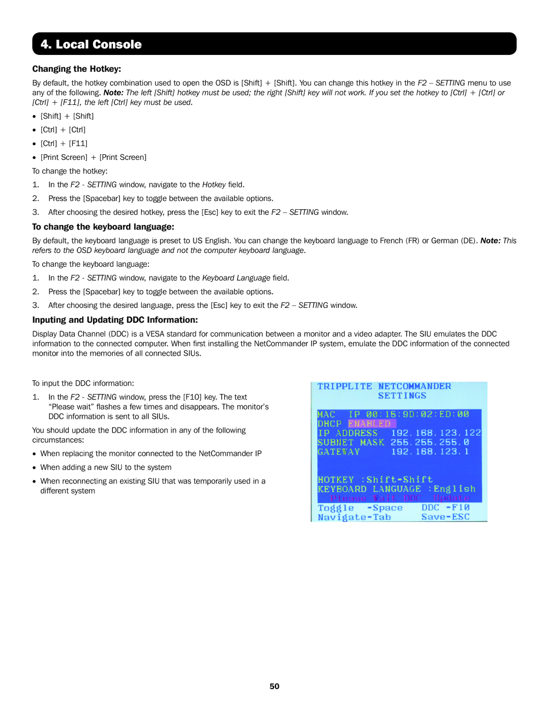 Tripp Lite B072-008-IP Changing the Hotkey, To change the keyboard language, Inputing and Updating DDC Information 