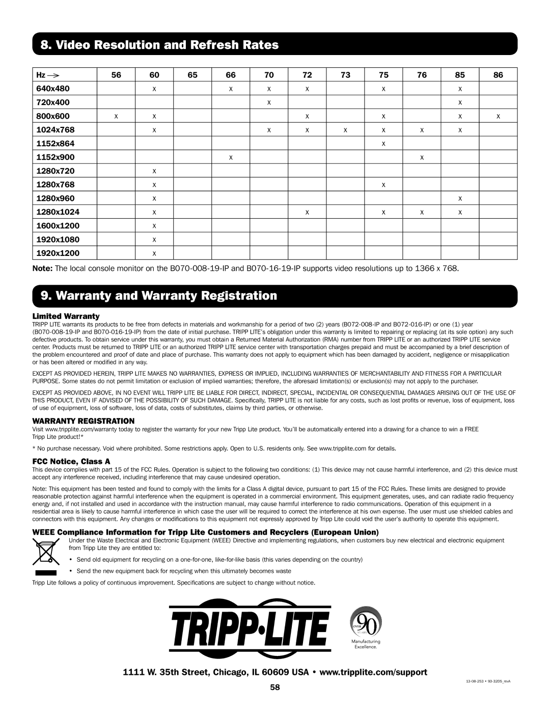 Tripp Lite B072-008-IP, B072-016-IP, B070-016-19-IP Video Resolution and Refresh Rates, Warranty and Warranty Registration 