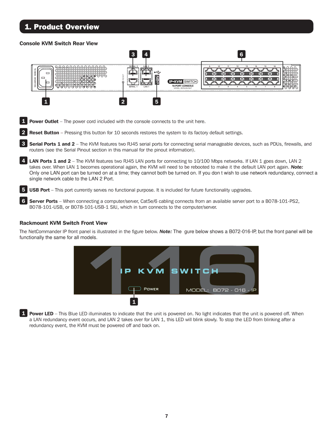 Tripp Lite B070-008-19-IP, B072-016-IP, B070-016-19-IP Console KVM Switch Rear View, Rackmount KVM Switch Front View 