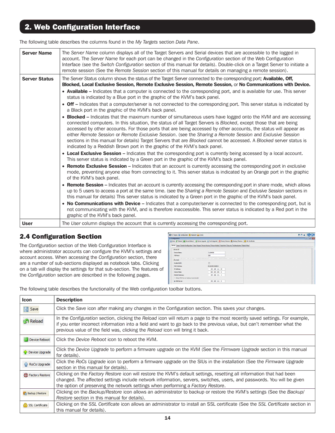 Tripp Lite B072-032-IP2, B072-016-IP2, B072-032-IP4, B072-016-IP4 owner manual Configuration Section, Server Status 