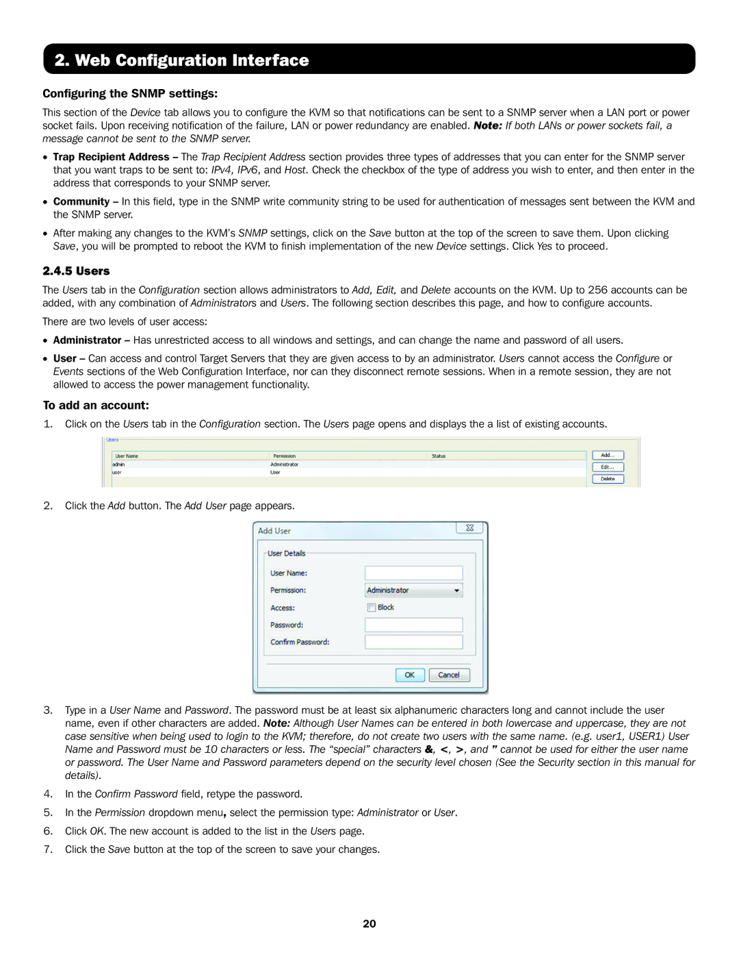 Tripp Lite B072-016-IP2, B072-032-IP4, B072-032-IP2, B072-016-IP4 Configuring the Snmp settings, Users, To add an account 