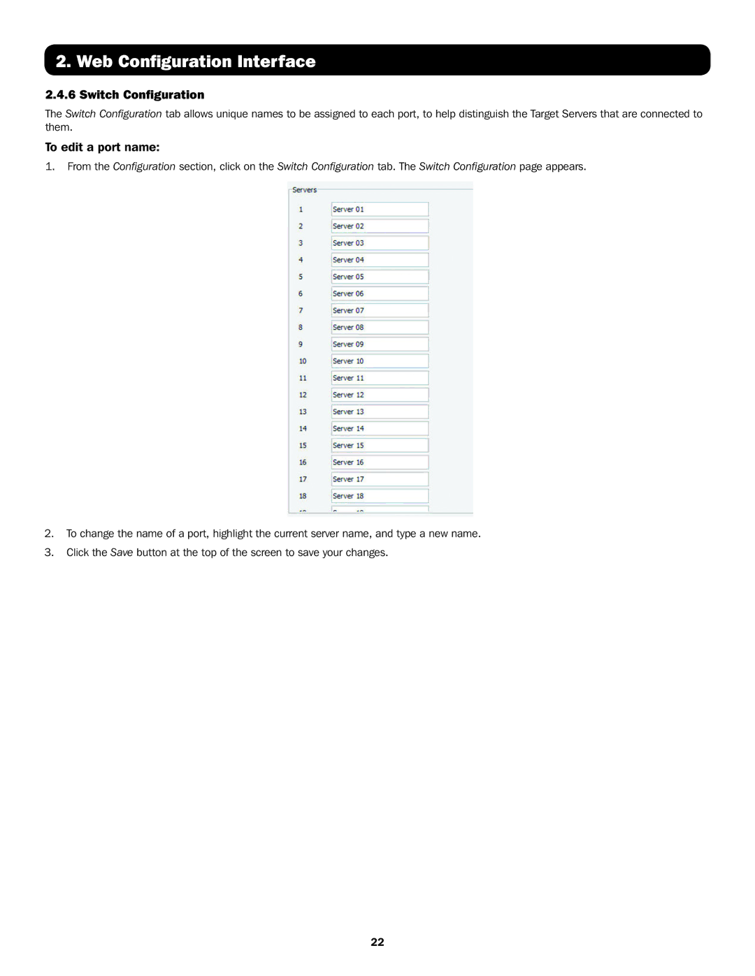 Tripp Lite B072-032-IP2, B072-016-IP2, B072-032-IP4, B072-016-IP4 owner manual Switch Configuration, To edit a port name 