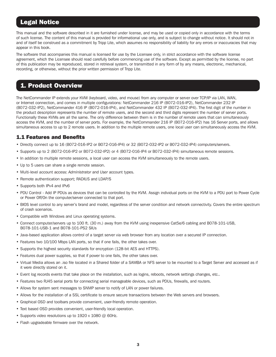 Tripp Lite B072-016-IP4, B072-016-IP2, B072-032-IP4, B072-032-IP2 Legal Notice, Product Overview, Features and Benefits 